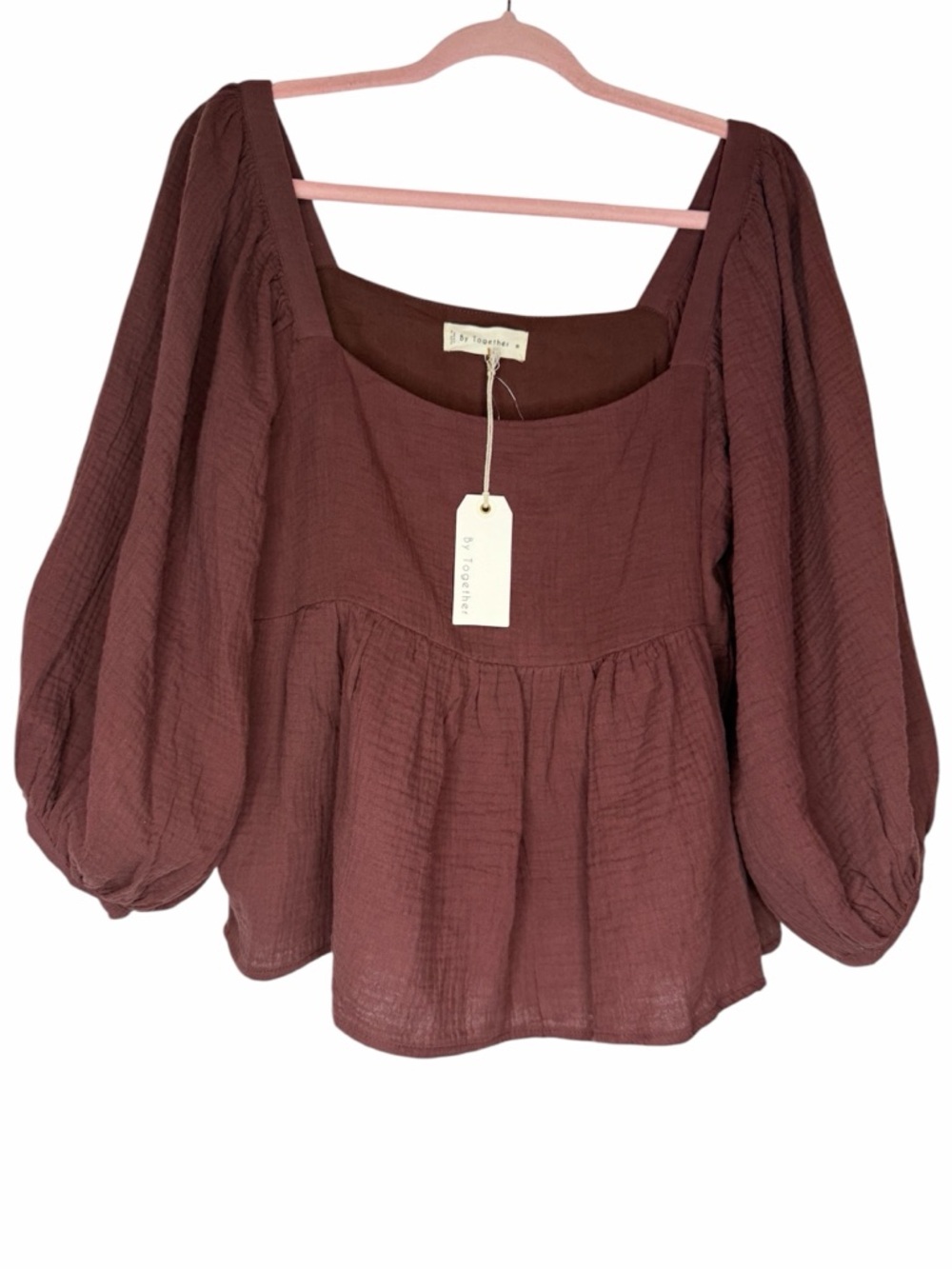 By Together Gauze Top Womens Medium Chestnut Brown Boho Square Neck Babydoll Top